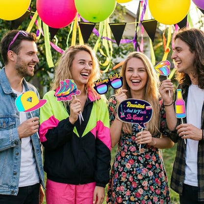 24PCS 90s Class Reunion Photo Booth Props, Retro 1990s Party Decorations with Neon Glasses, Boombox, Best Class Ever Reunited Forever 90's Photo Props for Welcome Back High School Reunion