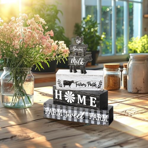 Geelin 4 Pcs Farmhouse Kitchen Signs Cow Rooster and Pig Decors Rustic Wooden Signs Country Table Centerpiece Tiered Tray Decor Table Top Sign for Home Kitchen - style: Farm