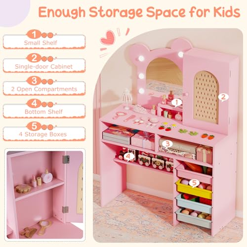 Costzon Kids Vanity with Lights, Girls Vanity Set with Mirror, Storage Drawers, Cabinet & Shelves, Toddler Makeup Vanity Desk Dressing Table, Wooden Kids Vanity Table and Chair Set (Pink) - style: Pink with Storage Bins