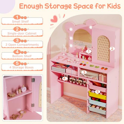 Costzon Kids Vanity with Lights, Girls Vanity Set with Mirror, Storage Drawers, Cabinet & Shelves, Toddler Makeup Vanity Desk Dressing Table, Wooden Kids Vanity Table and Chair Set (Pink) - style: Pink with Storage Bins