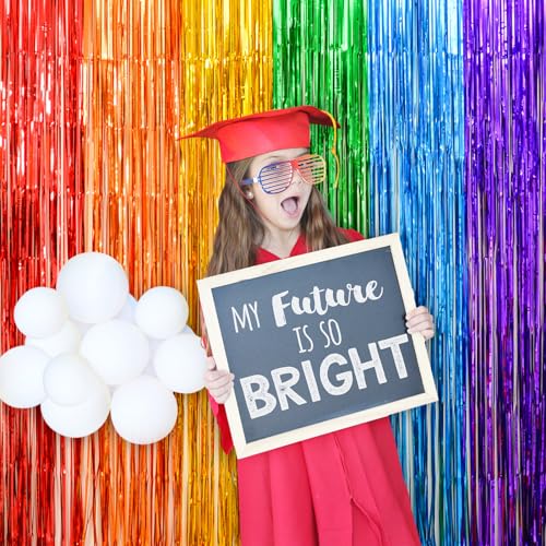 LOLStar Rainbow Party Decorations, 2 Pack 3.3x6.6ft Pride Decorations, Cartoon Birthday Decor Foil Fringe Curtains Rainbow Theme Backdrop, Streamers Photobooth Prop for Happy Kindergarten Graduation - size: 2 PACK