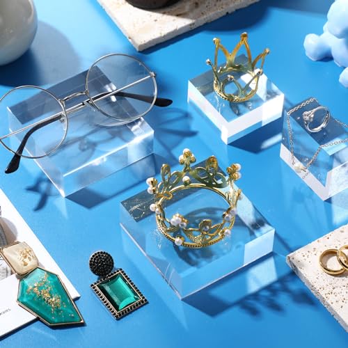 Vicenpal 8 Pcs Acrylic Square Display Block Clear Polished Cube Jewelry Stand Solid Acrylic Pedestal Stand Crystal Ring Showcase Holder Display Base for Riser(3 x 3 x 1 Inch, 2 x 2 x 1 Inch) - size: 3 x 3 x 1 Inch, 2 x 2 x 1 Inch
