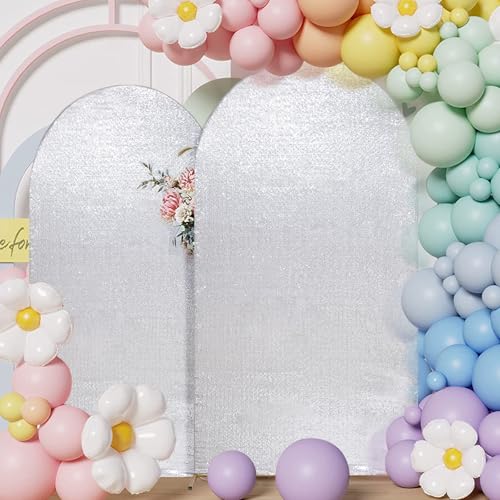 PartyDelight Arch Sequin Backdrop Cover 7.2FT/6.6FT Sparkly Set of 2 Silver Wedding Back Drop Fitted Arch Stand for Birthday Party Decoration - color: Silver, size: 7.2FT/6.6FT