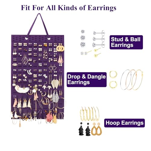 Resovo Hanging Earrings Organizer, Wall Earring Holder with 2 Hooks, Holds Up To 300 Pairs, Compact Design, Soft Material-Dark Purple - color: Dark Purple, size: 22.5*13.6 inches