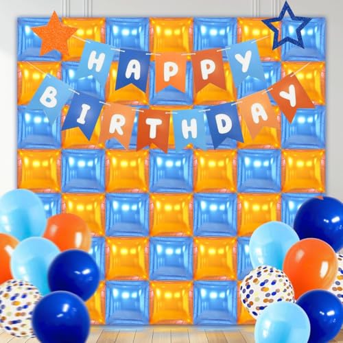50PCS Blue and Orange Square Foil Balloons Wall, Double Sided Chrome Deep Blue and Orange Garland Kit, Reusable DIY Mylar Balloon Arch for Anniversary Birthday Engagement Party Background Decor - color: Blue & Orange