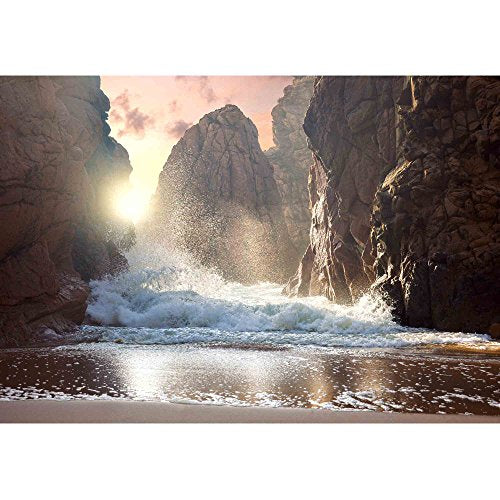 wall26 - Fantastic Big Rocks and Ocean Waves at Sundown Time. Dramatic Scene. Beauty World Landscape. - Removable Wall Mural | Self-Adhesive Large Wallpaper - 66x96 inches - color: Artwork - 22, size: 66"x96"