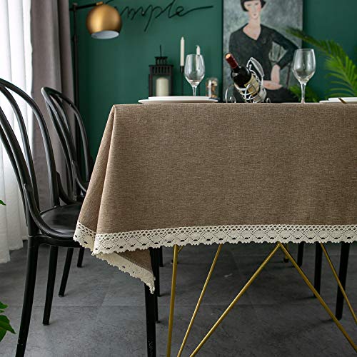 EHouseHome Faux Linen Tablecloth with Lace Trim - Waterproof/Spill Proof/Stain Resistant/Wrinkle Free/Oil Proof - for Banquet, Parties, Dinner,Kitchen,Wedding,Coffee,Holiday,Flax,Rectangle 52x70Inch - color: Flax, size: 70" x 52" (Rectangular)