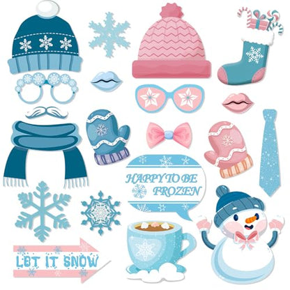 20PCS Snowman Photo Booth Props Winter Wonderland Booth Props Snowflake Frozen Party Decorations for Winter Holiday Christmas Party Supplies