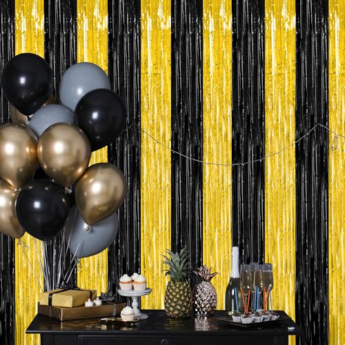 2 Pack Graduation Backdrop, 3.28 FT x 7.05 FT Black and Gold Foil Fringe Curtains, Metallic Foil Curtain Graduation Backdrop, Grad Party Supplies Black and Gold Party Decorations Class of 2026 - color: Black Gold, size: 2 PCS