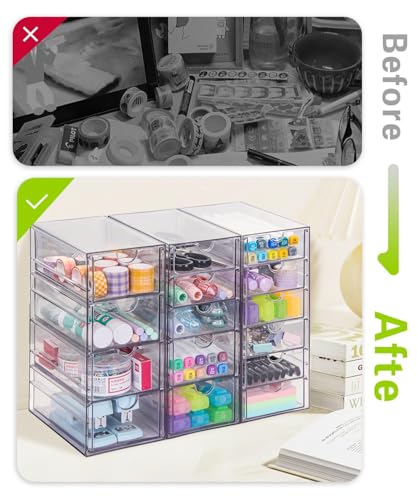 VZKAH Clear Acrylic Organizer with Drawers | 15-Drawer Desktop Unit | Makeup & Desk Organization and Storage Box for Office, Craft, Vanity Table, Bathroom, Home Essentials - style: 15 drawers / 3 set