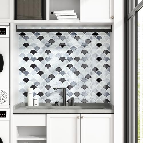 WESTICK 3D Textured Marble Peel and Stick Backsplash Heat Resistant Kitchen Backsplash Tiles Waterproof Shell Peel and Stick Wall Tiles for Bathroom Sink Camper Grey White Black 10 Sheet 12" x 12" - color: 10.black Grey