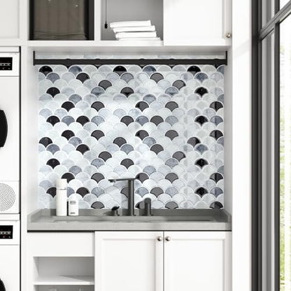 WESTICK 3D Textured Marble Peel and Stick Backsplash Heat Resistant Kitchen Backsplash Tiles Waterproof Shell Peel and Stick Wall Tiles for Bathroom Sink Camper Grey White Black 10 Sheet 12" x 12" - color: 10.black Grey