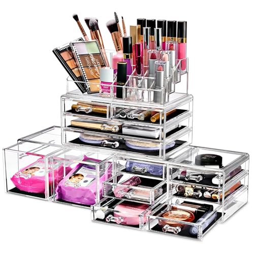 Sorbus Large Makeup Organizer - Clear Stackable Jewelry Makeup Organizer for Vanity, Bathroom Storage Display Case - 12 Drawers Cosmetic Beauty Organizers and Storage with Lipstick Makeup Brush Holder - color: Clear