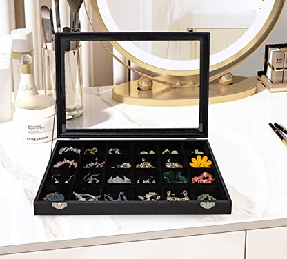 Wudygirl Earring Organizer 24 Grid Jewelry Organizer with Glass Lid Adjustable Jewelry Box Jewelry Display for Rings Necklace Bracelet Earrings Storage（Black 24 Grid） - style: 24 Grid Tray
