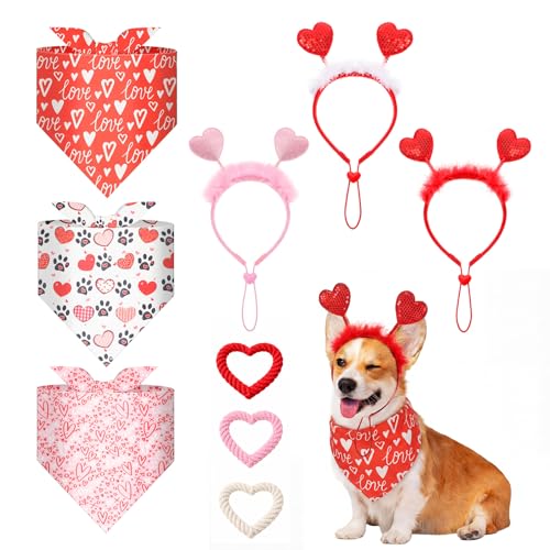 Sadnyy 9 Pcs Valentines Day Dog Outfits Set Puppy Valentines Costume Including Pet Glitter Heart Headband Bandana Triangle Scarf and Heart Shaped Chew Toy for Small Medium Pet Holiday Party