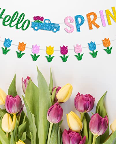 Glitter Hello Spring Banner with Tulip Truck Signs and Colorful Glittery Tulips Banner Hello Spring Flowers Garland Easter Birthday Party Fireplace Mantle Decorations