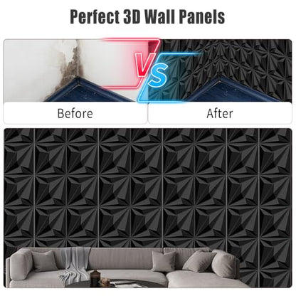 Decorative 3D Wall Panels, 33 Pack Textured PVC Tiles 12x12 Inch, Black - Covers 33 Sq Ft, Modern Wall Art for TV Wall & Game Room, Waterproof & Cuttable (Glue Required)