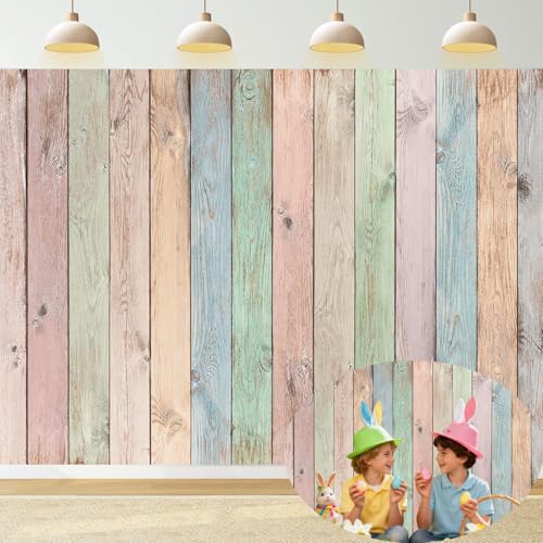 Colorful Wood Backdrop 7x5FT Easter Pastel Rustic Wooden Photography Background Easter Baby Shower Birthday Party Decorations Portrait Photoshoot Studio Props - size: 7x5FT
