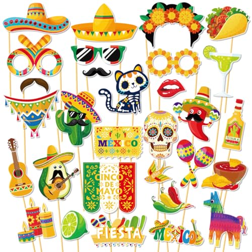 Cinco De Mayo Decorations, Tumwisk 30PCS Fiesta Party Photo Booth Props Kit, Mexican Colorful Cardboard Props Perfect for Cinco De Mayo Mexican Fiesta Taco Party - color: Fiesta