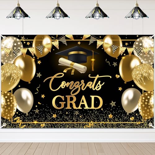 Avezano Congrats Grad Class of 2026 Backdrop Black Gold Congratulation Graduation Banner for 2026 Graduation Party Decorations High School College Prom Background 6x3.6 ft - color: Black Gold, size: 6x3.6 ft