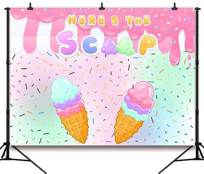 7x5Ft Ice Cream Backdrop Donut Sweet One Sprinkles Birthday Decorations Donut Here's The Scoop Ice Cream Sweet Cake Table Banner Baby Shower Photo Booth Props - color: Ice cream Backdrop 5