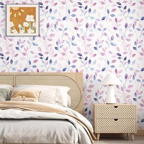 Extra Long Colorful leaves Peel and Stick Wallpaper, 17.5In x 393In Boho Small Leaf Design Self-Adhesive Removable Wall Paper for Bedroom Bathroom Door, Vinyl Casual Contact Paper Navy Magenta - color: White/Indigo, size: 17.5" x 393"