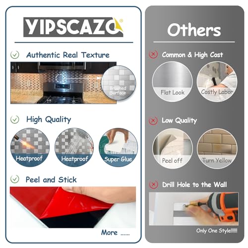 Yipscazo 10-Sheets Peel and Stick Backsplashes for Kitchen, Stick on Backsplash Stainless Steel Metal Tiles for Kitchen Walls, Stainless Steel Backsplash for Range Hood Wall Shield (12''x12'') - color: Square + Rectangle