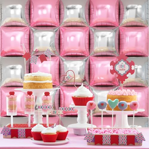 Pink Silver Square Foil Balloon Wall,25Pcs Double Sided Balloons Backdrop Helium Balloon Tunnel Arch Garland Kit for Christmas Birthday Bridal Anniversary Baby Shower Party Decorations - style: Pink Silver