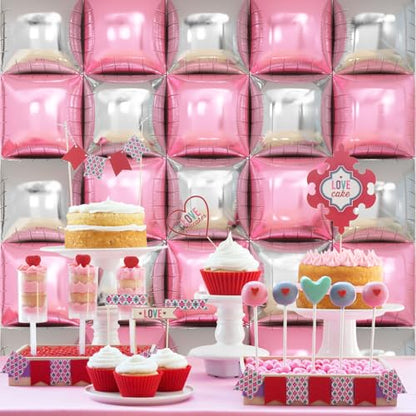Pink Silver Square Foil Balloon Wall,25Pcs Double Sided Balloons Backdrop Helium Balloon Tunnel Arch Garland Kit for Christmas Birthday Bridal Anniversary Baby Shower Party Decorations - style: Pink Silver