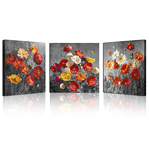 Red Burnt Orange Poppy Daisy Wall Art Canvas Prints Black and White Flower Pictures for Bedroom Vintage Nature Floral Posters Bathroom Decor Retro Wildflower Artwork Office Home Decoration 16x16” 3P - color: Daisiy Flower, size: 16"l X 16"w