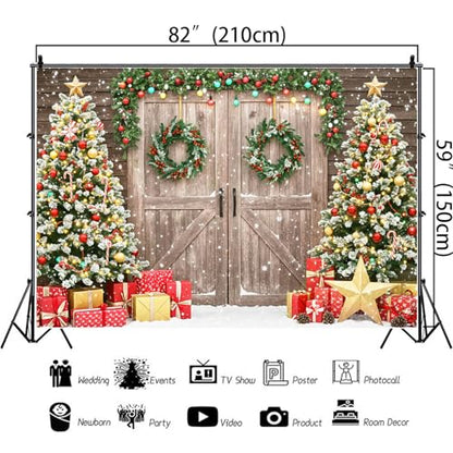 Christmas Backdrop for Photography 7x5Ft Winter Scene with Tree Christmas Photo Backdrop Party Derorations Rustic Barn Wood Door Family Xmas Holiday Party Wall Decor 82X59inch