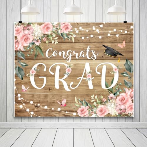 Graduation Congrats Grad Photography Backdrops 10x6.5ft Vinyl Boho Floral Flower Wood Board Class of 2025 Backdrop Background Party Background Banner Supplies Photo Booth Props for Prom Party - size: 10′x6.5′