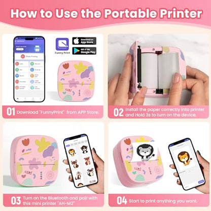 Mini Sticker Printer AHM2, Mini Thermal Printer with 3 Rolls Paper, Bluetooth Inkless Printpods, Pocket Label Maker Suitable for Creative Kids DIY, Diaries, Photos, Study Notes -Light Pink - color: Light Pink