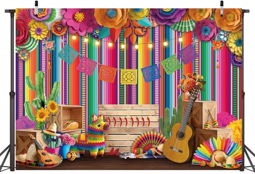 Mexican Fiesta Banner Backdrop 8x6FT 3D Paper Flower Colorful Striped Cinco De Mayo Photo Background Mexican Theme Party Decorations Supplies for Home Party - size: 8x6FT