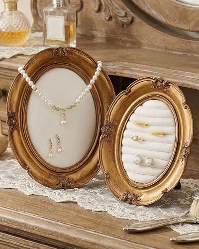 Wonderjune 2 Pcs Gold Jewelry Display Stand Vintage Necklace Organizer Ring Holder Earring Tray Resin Jewelry Photography Props Frame with Velvet Backing for Gifts(White,Large,Small,Classical) - color: White, size: Large,Small, style: Classical