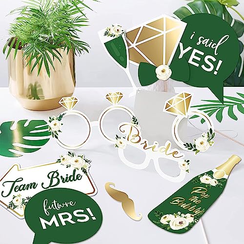 Sage Green Bridal Shower Photo Booth Props, 12 Pack Gold Foil Floral Wedding Selfie Props, Easy Assemble Kit for Wedding, Engagement, Bachelorette, Hen Party Decorations - color: Green