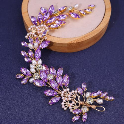 Adjustable Flower Crown Headband for Women - Floral Garland Hair Wreath with Crystal Accents Perfect for Weddings Flower Wands Photo Props (Purple Beaded CZ, Adjustable) - color: Purple Beaded CZ