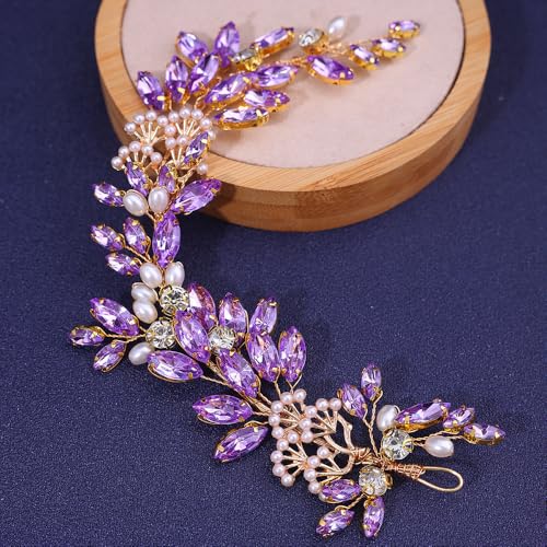 Adjustable Flower Crown Headband for Women - Floral Garland Hair Wreath with Crystal Accents Perfect for Weddings Flower Wands Photo Props (Purple Beaded CZ, Adjustable) - color: Purple Beaded CZ