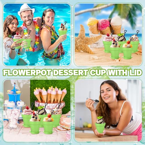 Honeydak 25 Pack Flowerpot Dessert Cup Plastic Cake Cups with Lid Shovel Spoon Mini Flower Pot Dessert Cups Ice Cream Yogurt Cupcake Holder Containers for Birthday Party Supplies DIY Baking (Green) - color: Green