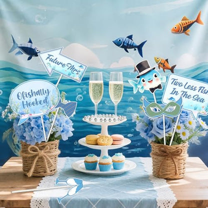 Fishing Bridal Shower Decor Photo Booth Props 24pcs for Woman Two Less Fish In The Sea Selfie Prop Gone Fishing Fish Fisherman Ocean Sea Ofishally Hooked Bachelorette Engagement Wedding Party Supplies
