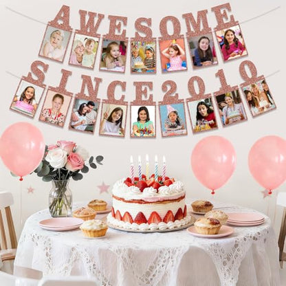 Pre-strung Awesome Since 2010 Photo Banner Birthday Decorations for Girls Women- Pink Rose Gold Glitter Sweet 16th Birthday and Anniversary Decorations Party Supplies - style: Pink Rose Gold 16th