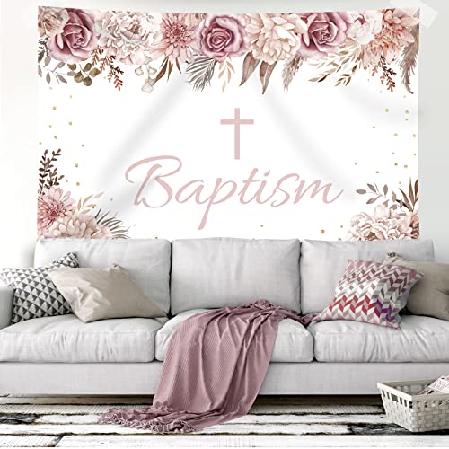 God Bless Backdrop for Girl's Baptism Boho Flowers Bohemia Decorations Photohraphy Background Blush Pink Floral First Communion Party Baby Shower Backdrops Banner Photo Booth Props 7x5ft