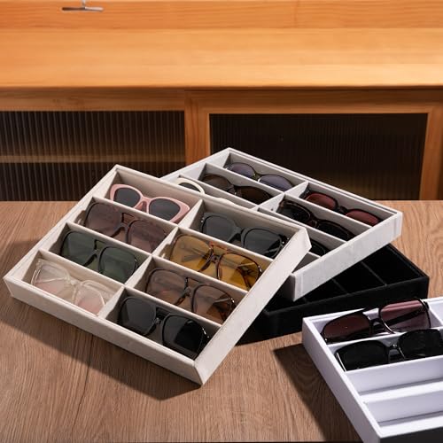 Frebeauty Sunglass Organizer,Velvet Glasses Organizer,8-Slot Sunglasses Tray for Drawer, Men's/Women's Sunglasses Box, Glasses Holder for Watch Stackable Eyeglass/Eyewear Display Tray(Beige) - color: Beige, style: No Lid