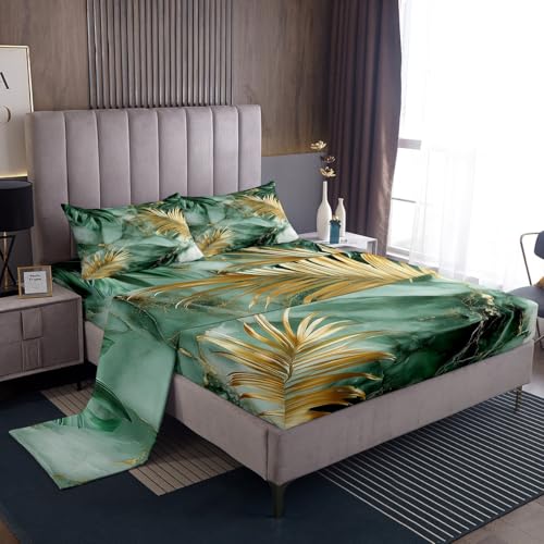 Tropical Leaves Bed Sheet Set King Size 4pcs,Modern Fashion Marble Texture Fitted Sheet Set for Kids Men Teens,Seaside Palm Leaves Bedding Set with 1 Flat & 1 Fitted Sheet with 2 Pillowcases - color: Green and Gold, size: KING(W78*L80*H16")
