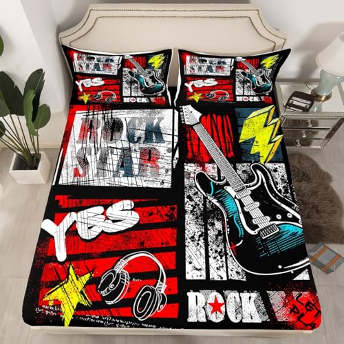 Manfei Guitar Fitted Sheet Full Size, Rock Music Bedding Set, Retro Musical Instrument Bed Cover with 2 Pillowcases, Kid Boys Girls Room Decor, Soft Polyester Bedding(No Top Sheet) - color: Black Red White, size: FULL (W54*L75*H16")