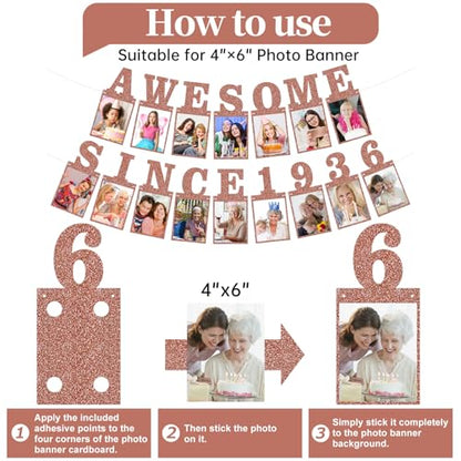 Pre-strung Awesome Since 1936 Photo Banner Birthday Decorations for Women- Pink Rose Gold Glitter 90th Birthday and Anniversary Decorations Party Supplies - style: Pink Rose Gold 90th