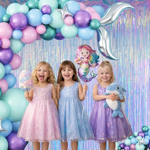 Melsan Iridescent Party Decorations Backdrop - Holographic Tinsel Foil Fringe Curtain for Frozen Mermaid Ocean Princess Birthday Parties Decor - 2 Packs,3.2 x 6.56 ft - color: Iridescent, size: 3.2 x 6.56 ft