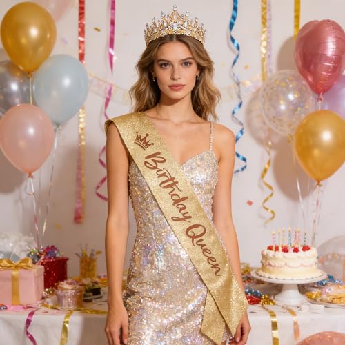 Birthday Crown for Women Crystal Princess Birthdays Tiaras Rhinestone Queen Headband Wedding Bridal Hair Accessories BirthdayProm Pageant Party Coming of Age Ceremony Photo Props - color: Gold-A01