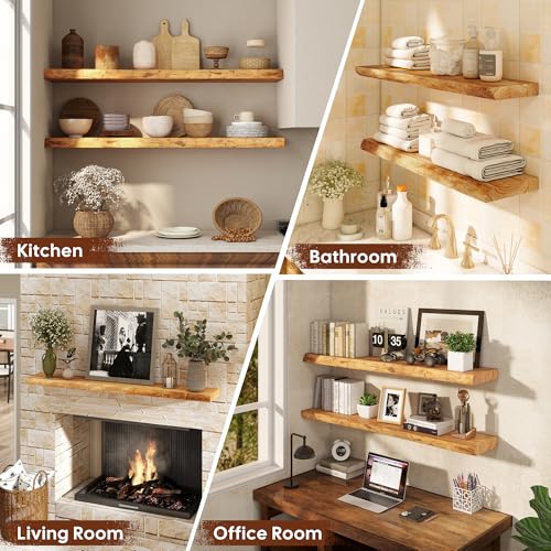 Floating Shelves Set of 2, Solid Elm Wood Wall Shelves 36 Inch - Invisible Bracket Mount for Living Room, Bedroom, Kitchen, Bathroom - Natural - color: Clear Natural, size: 36"L, 2-Pack