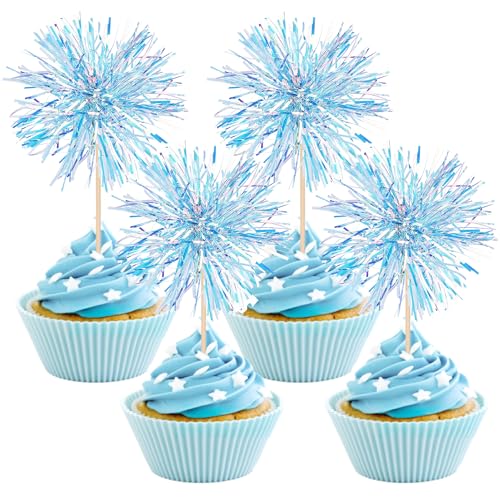 30 PCS Foil Firework Cupcake Toppers Happy Birthday Cupcake Toppers Sparkle Tinsel Flower Drink Stirrers Cocktail Fruit Toothpicks for Valentine's Day Baby Shower Party Cake Decor Supplies Blue - color: A Blue